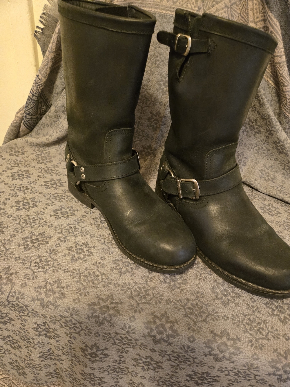 Black Mid-Calf Harness Combat Boots with Buckle Detail Harley Davidson